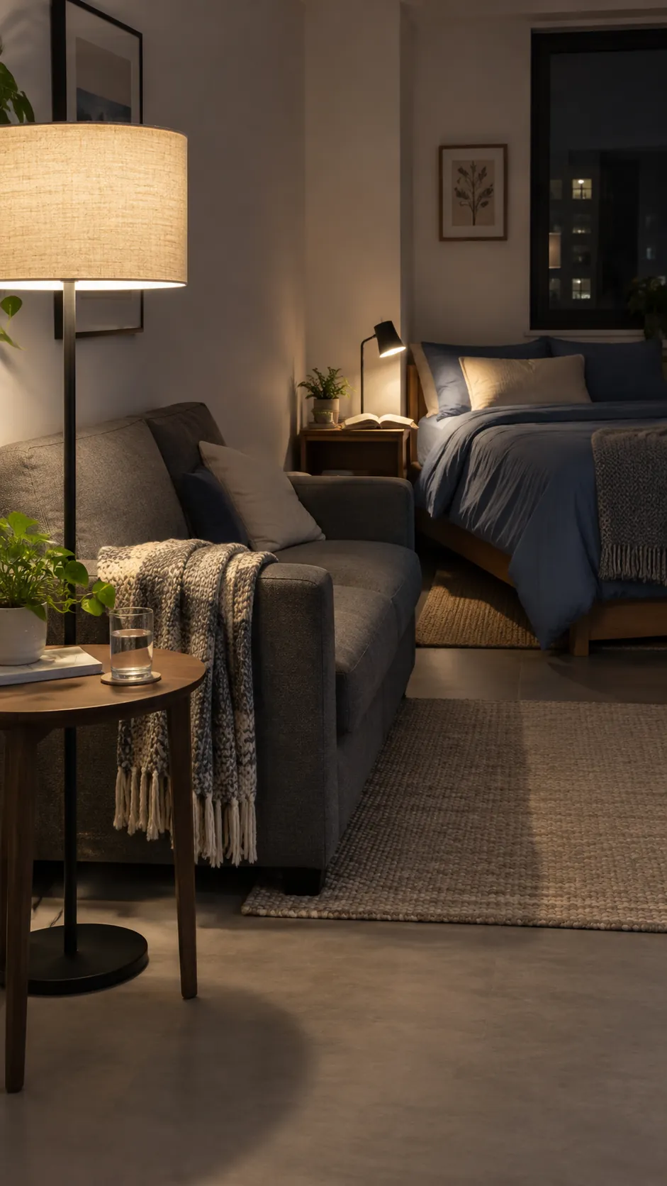 Studio apartment layout with separate task lights for each zone