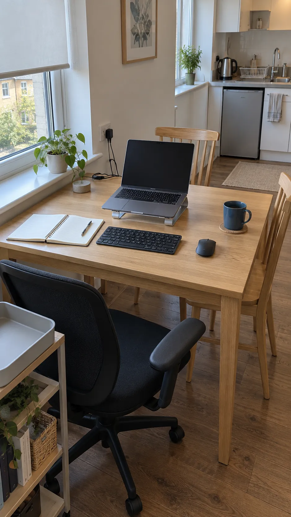 Small apartment dining table desk setup showing everyday work footprint