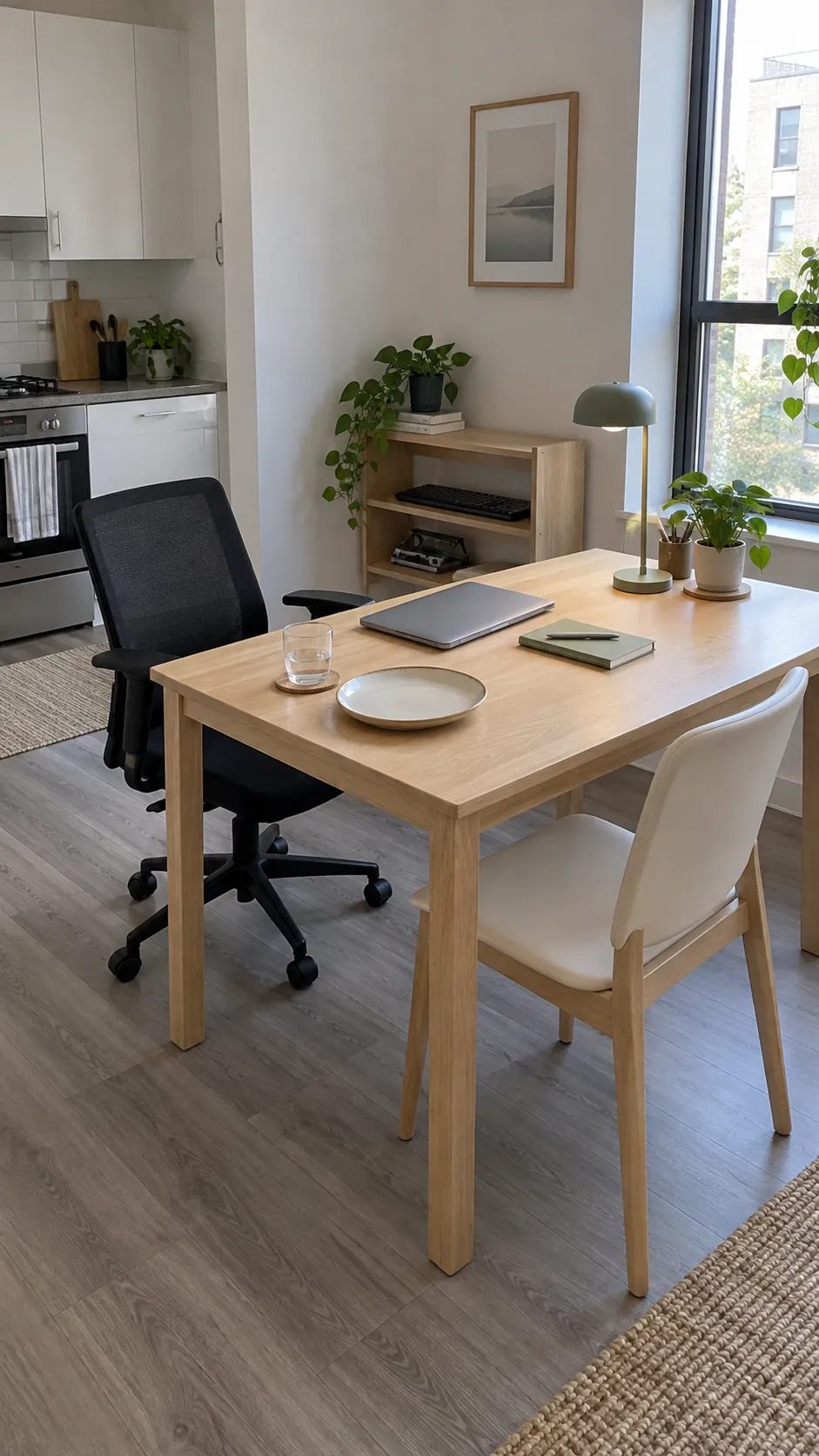Compact dining table with separate work accessories and space for meals