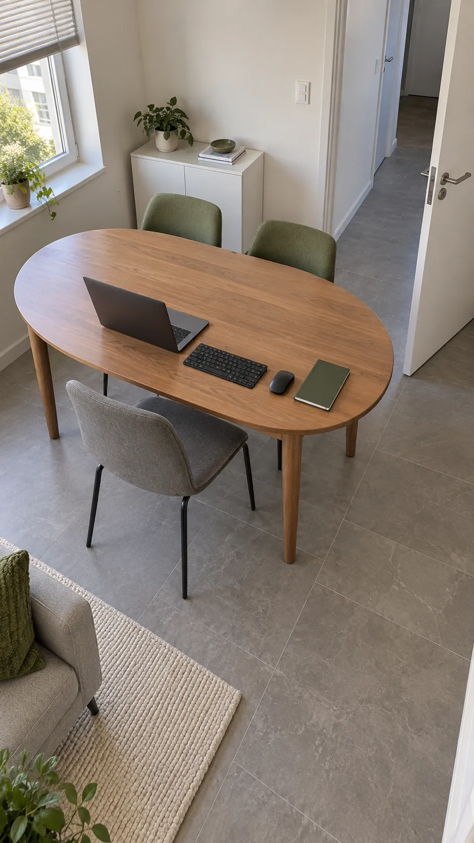 Small apartment dining table desk setup showing rounded table shape with useful work space
