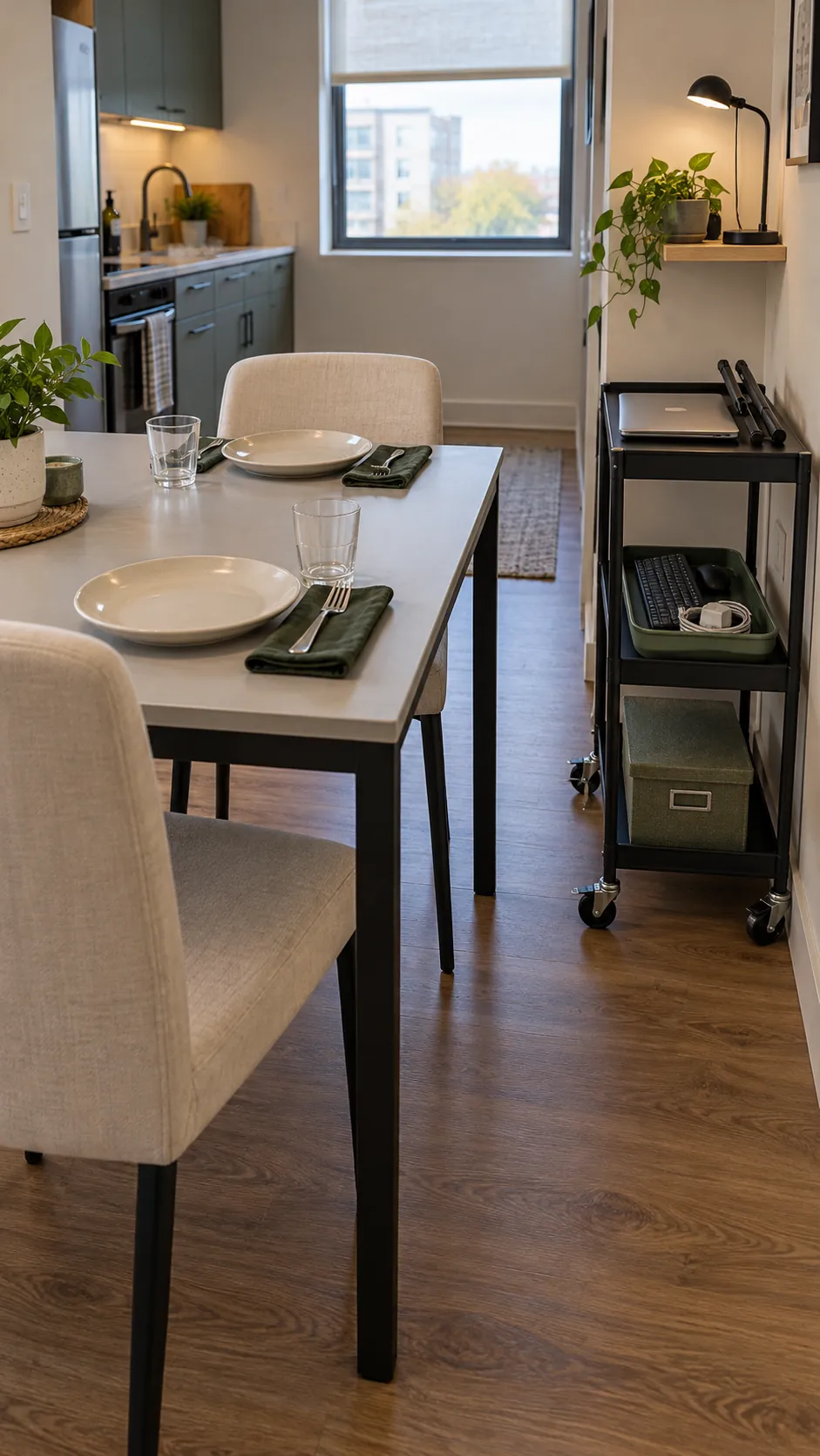 Small apartment dining table desk setup showing equipment storage beside the meal surface
