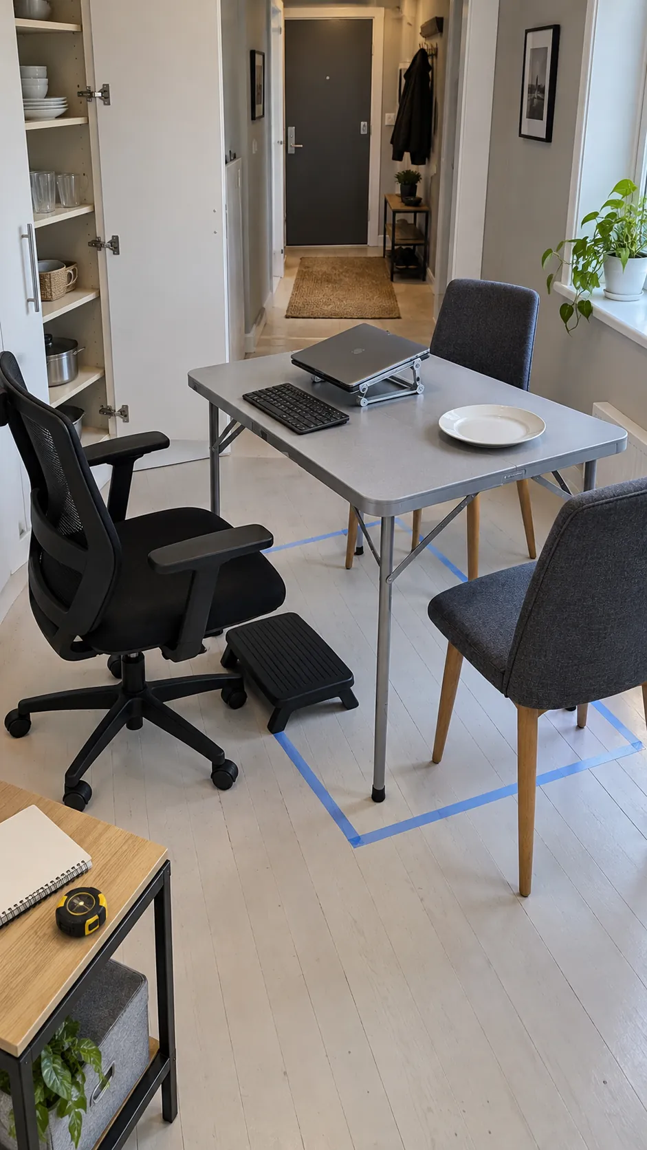 Small apartment dining table desk setup showing a purchase test in the actual room