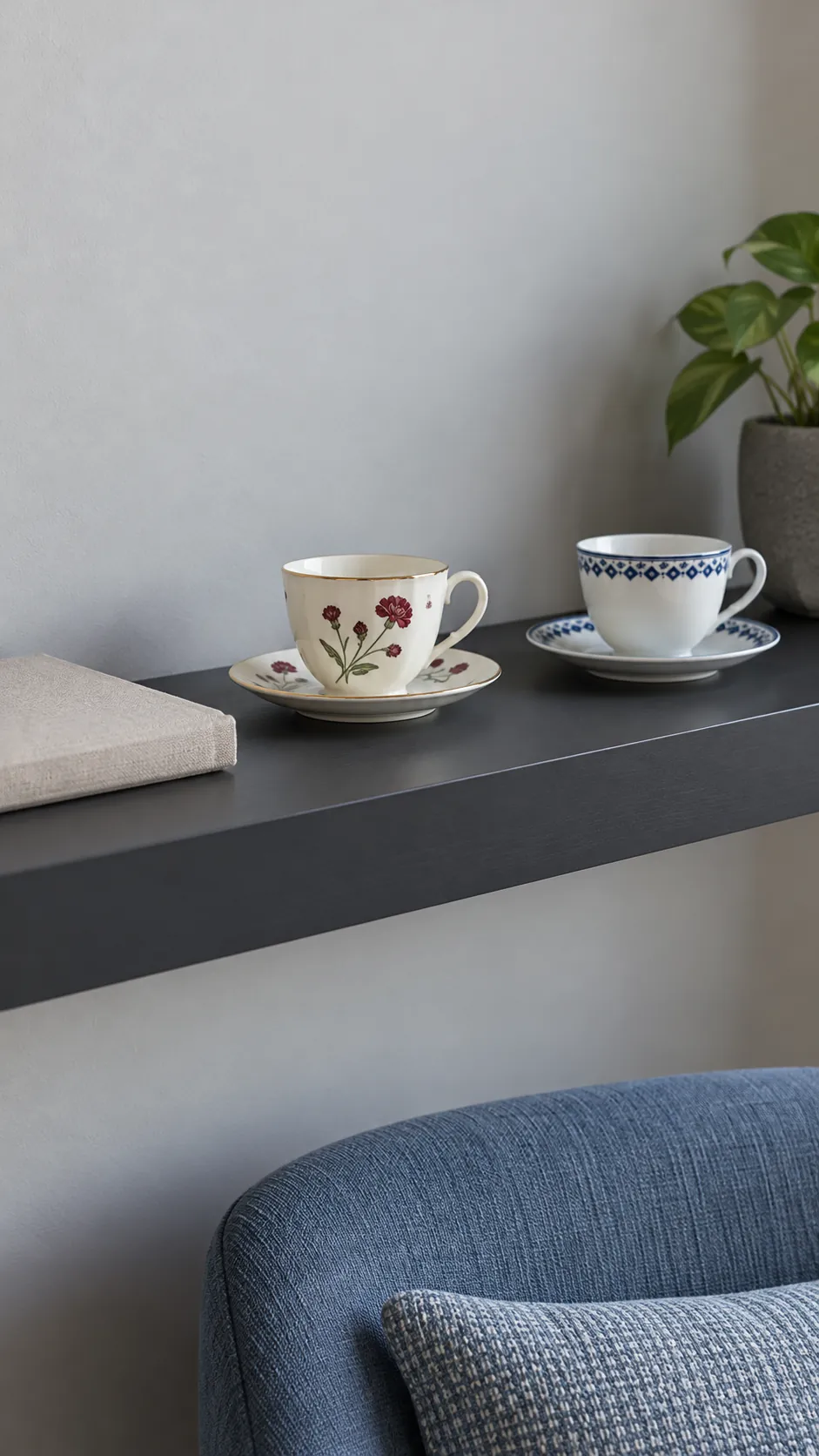 Two selected inherited teacup pairs on a quiet living room shelf