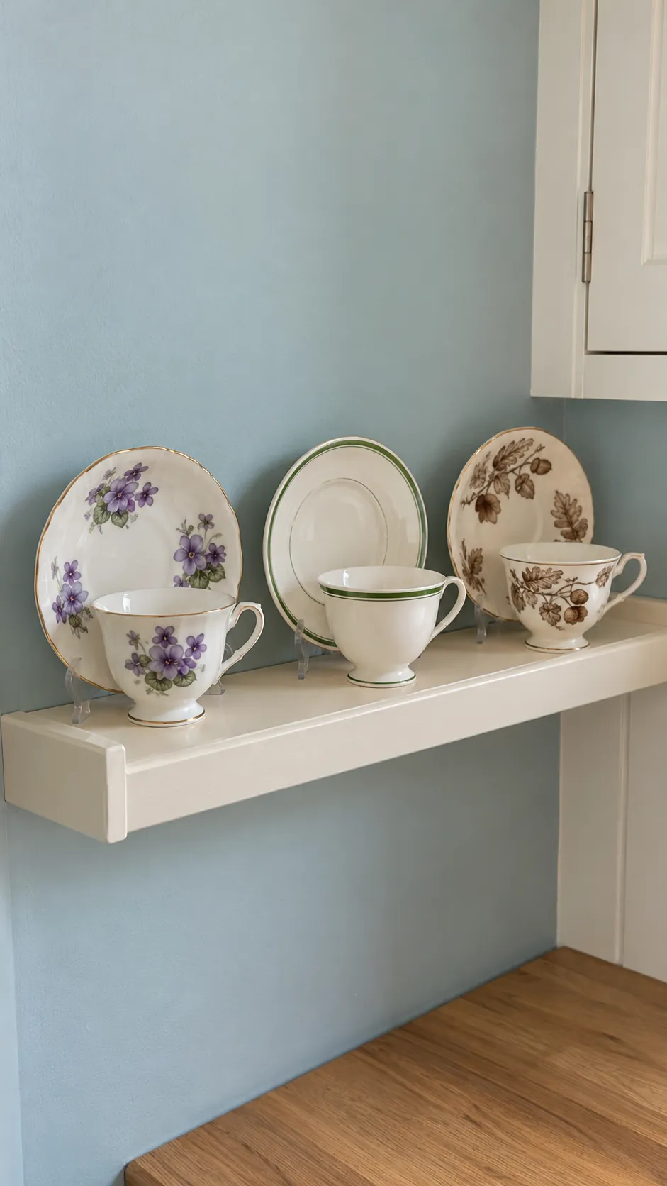 Arrange a shallow ledge with cups in front of saucers with inherited teacups