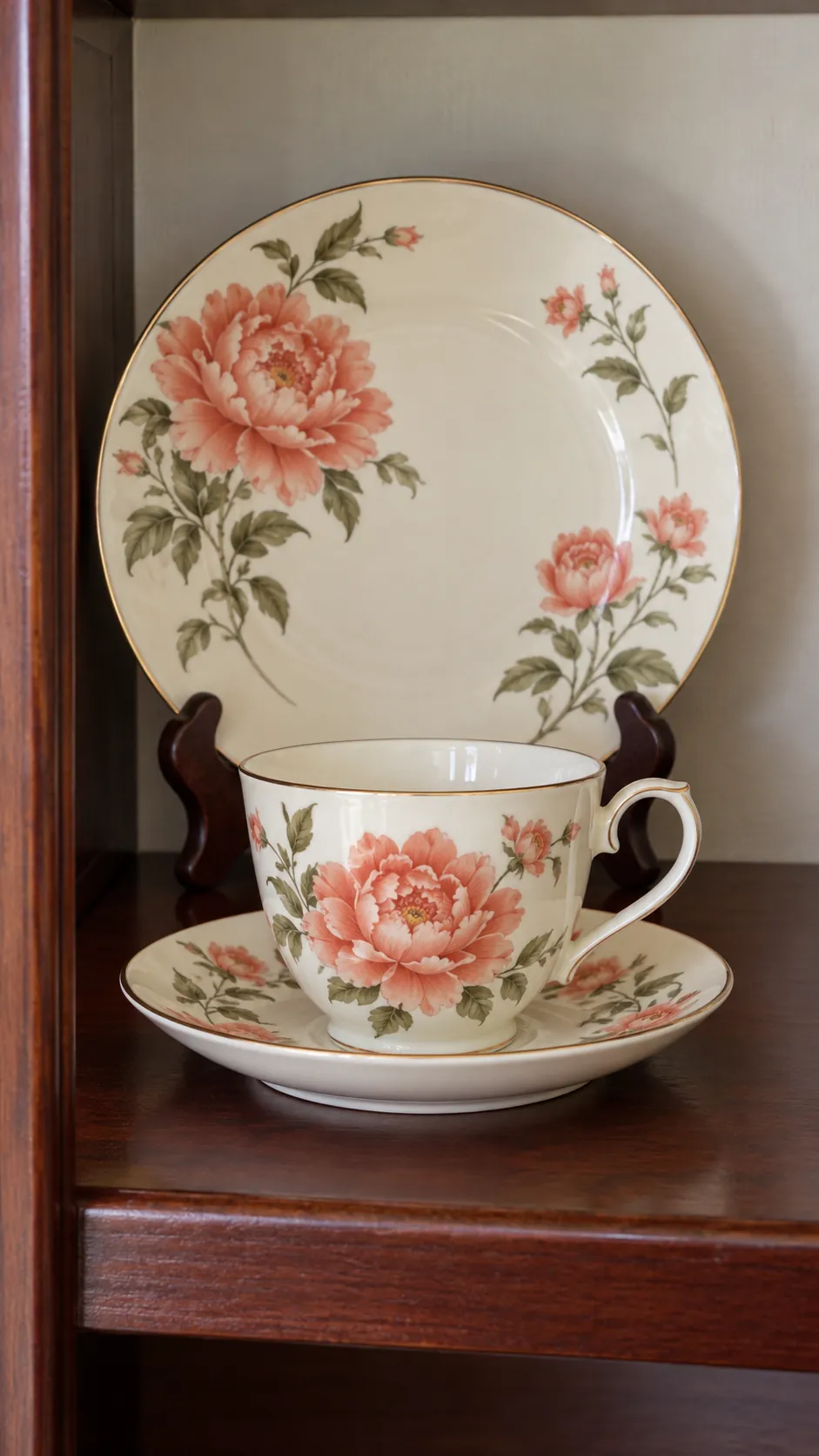 Display a complete cup and saucer trio with inherited teacups