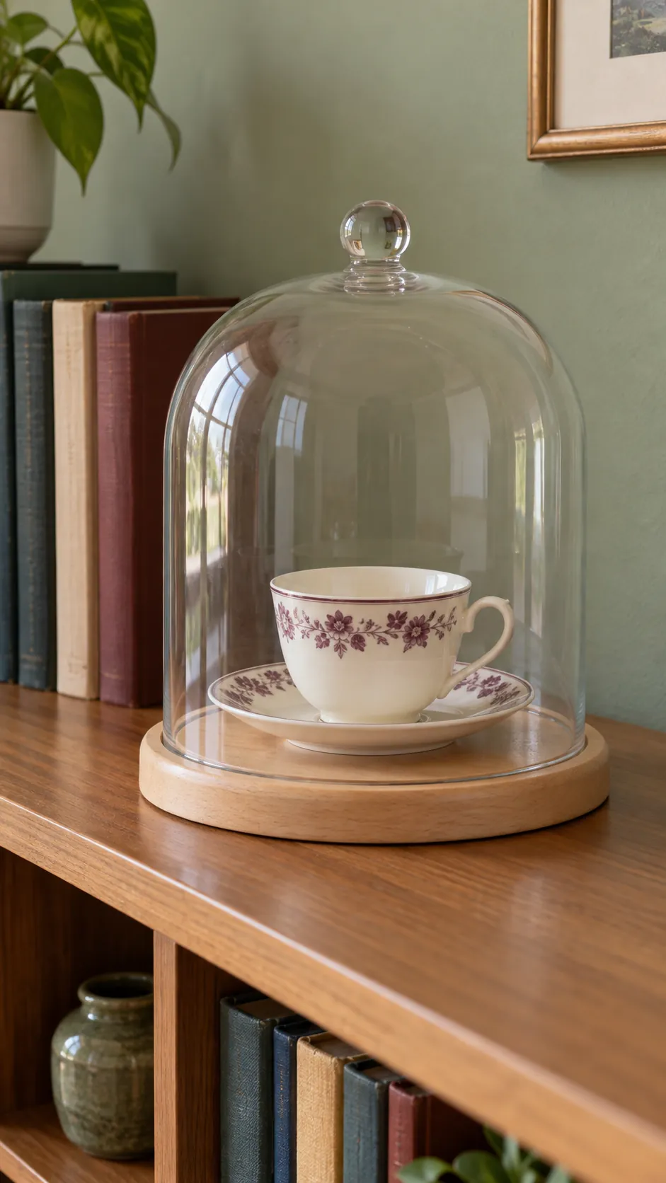 Show one pair under a glass dome with inherited teacups