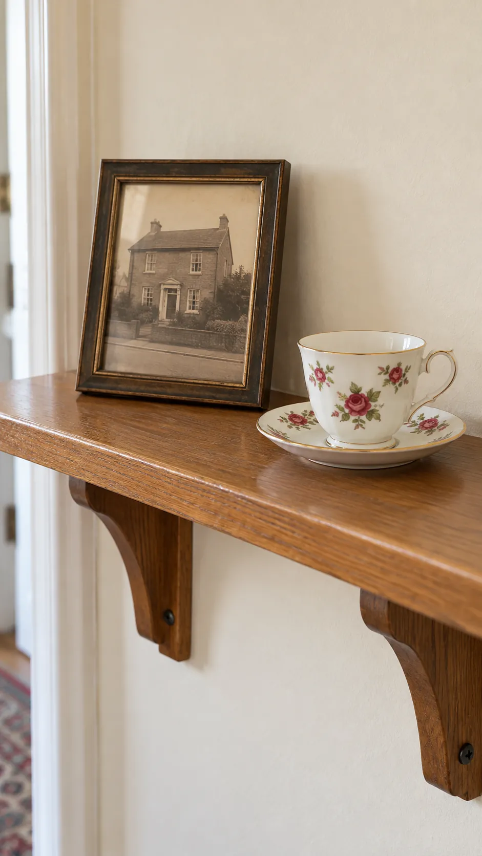 Set a pair beside a family photograph with inherited teacups