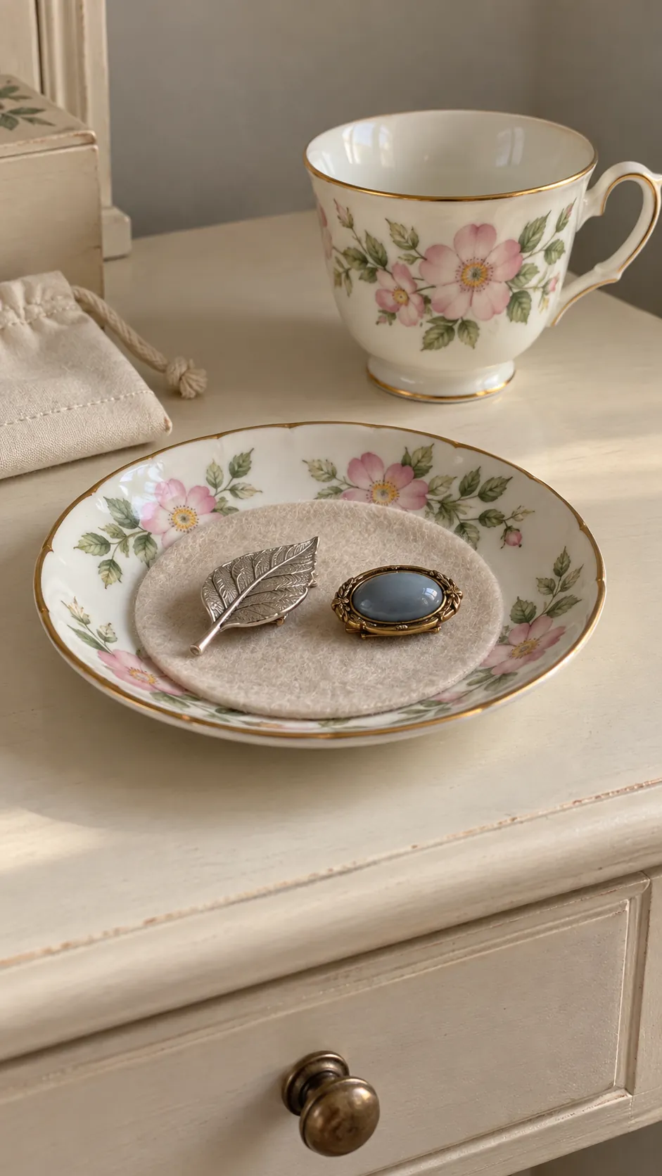 Give brooches a saucer beside their cup with inherited teacups