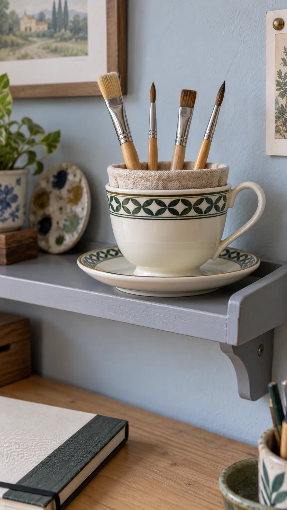 Stand short artist brushes in a sturdy cup with inherited teacups