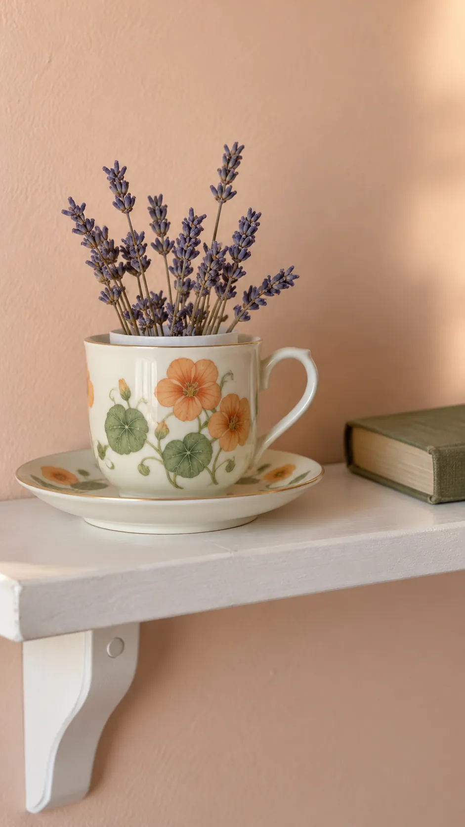Add dried flowers to a protected empty cup with inherited teacups