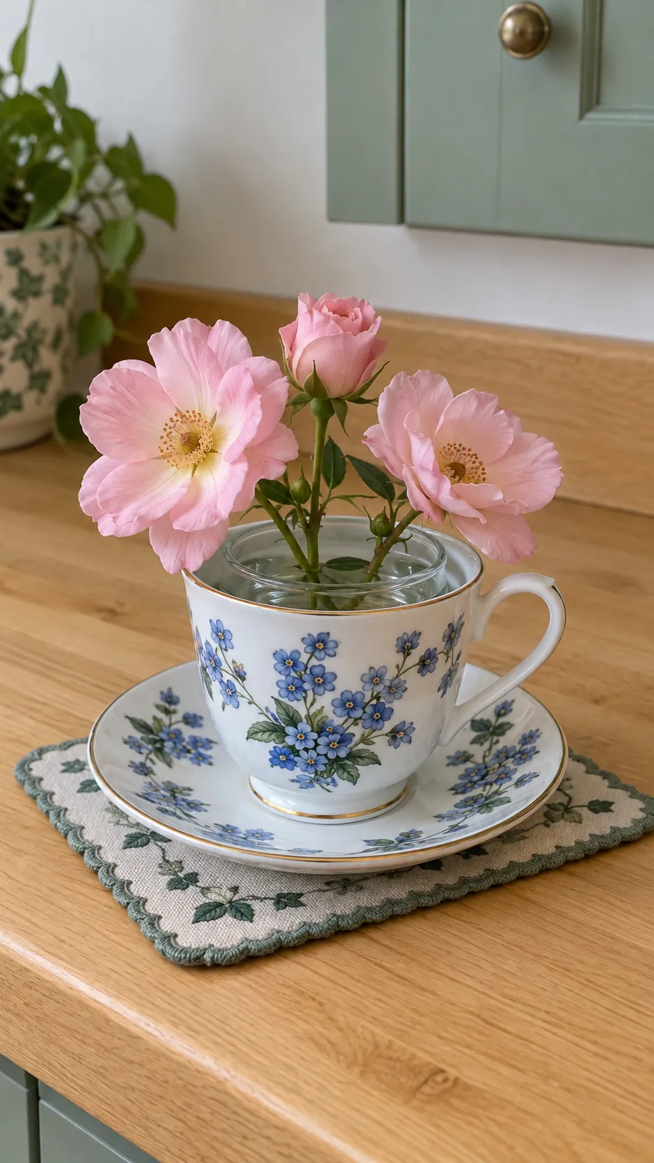 Use a removable inner vase for fresh flowers with inherited teacups