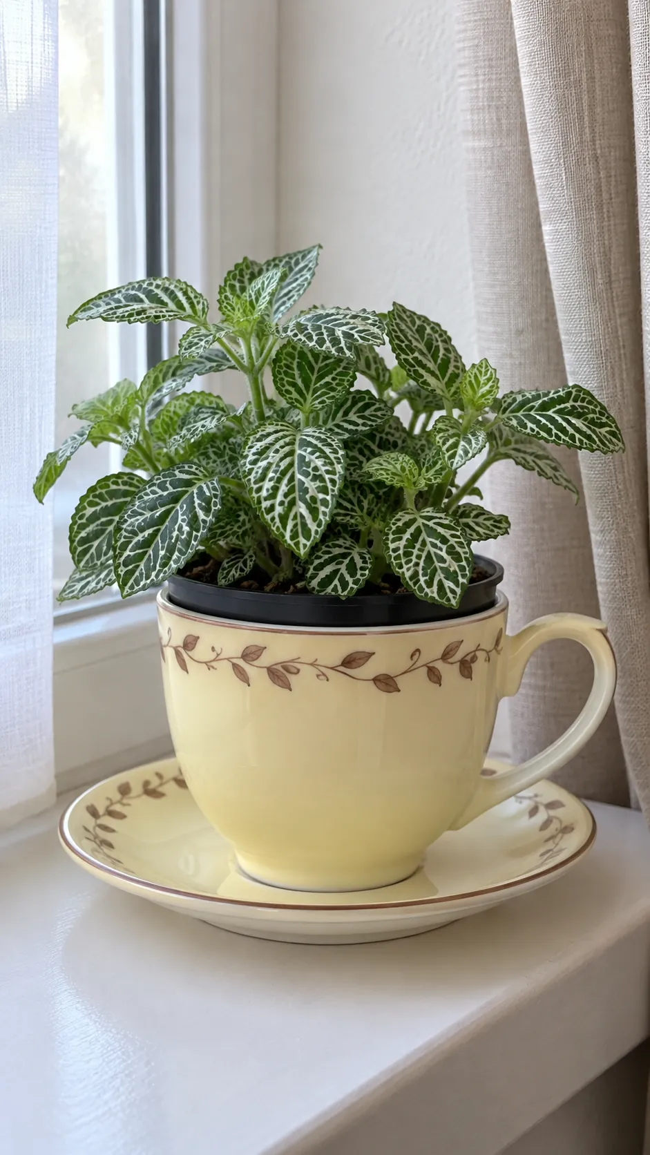 Nest a small nursery pot inside a spare cup with inherited teacups