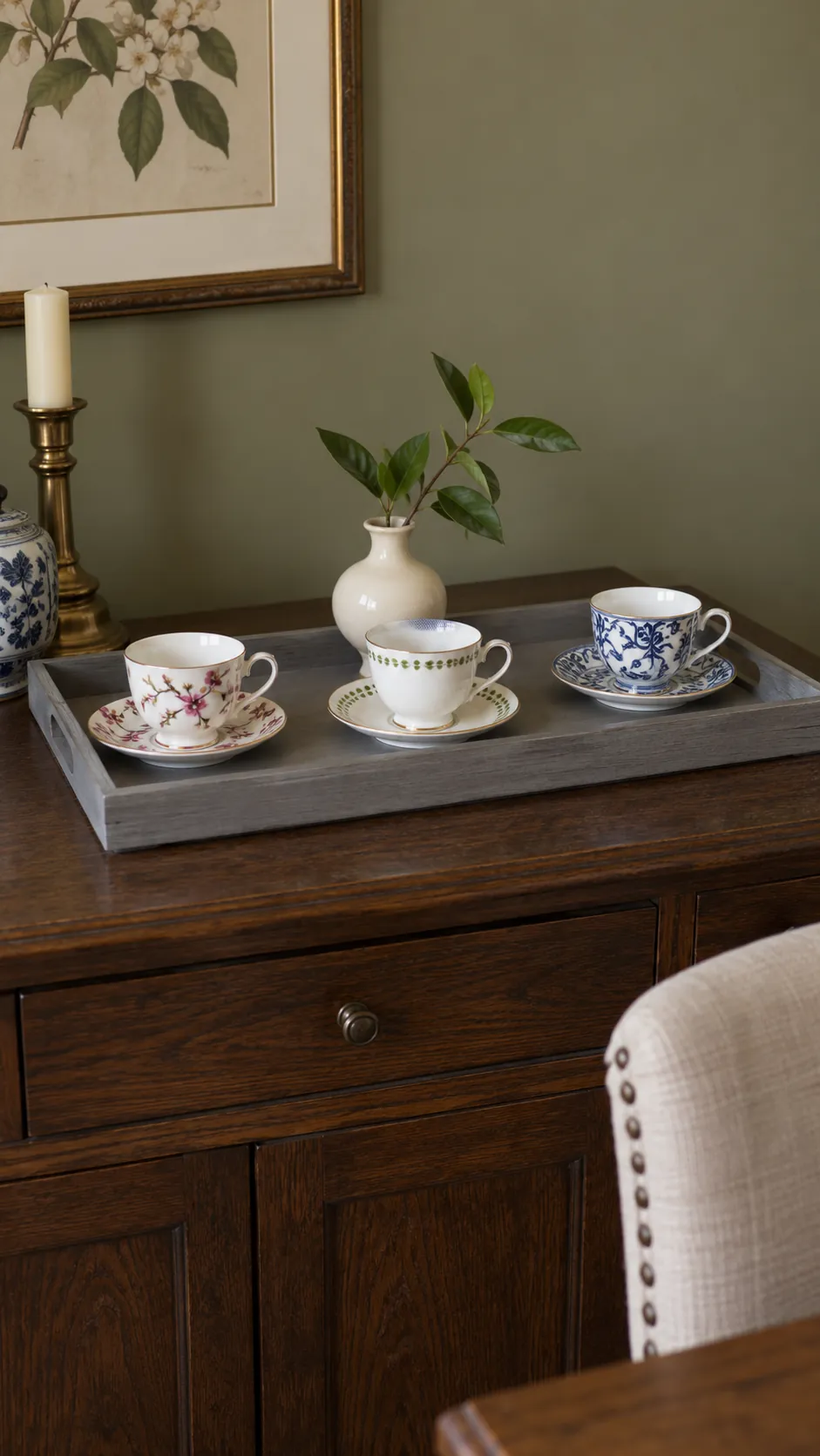Make a restrained dining sideboard centerpiece with inherited teacups