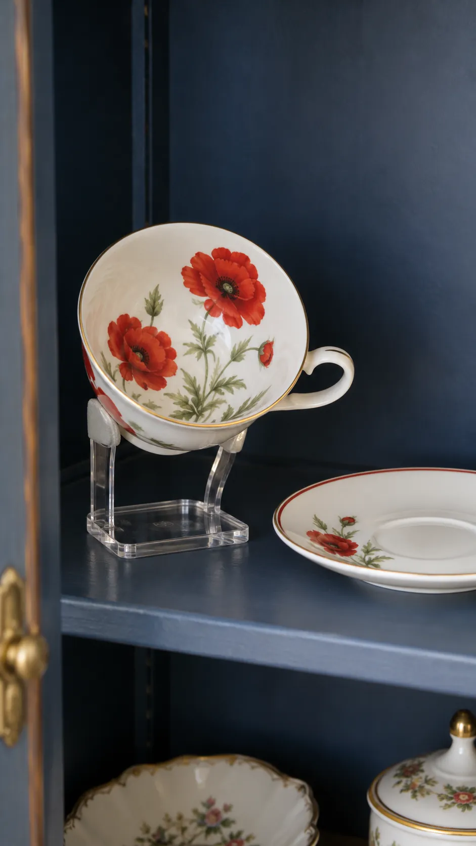 Use secure stands to reveal cup interiors with inherited teacups