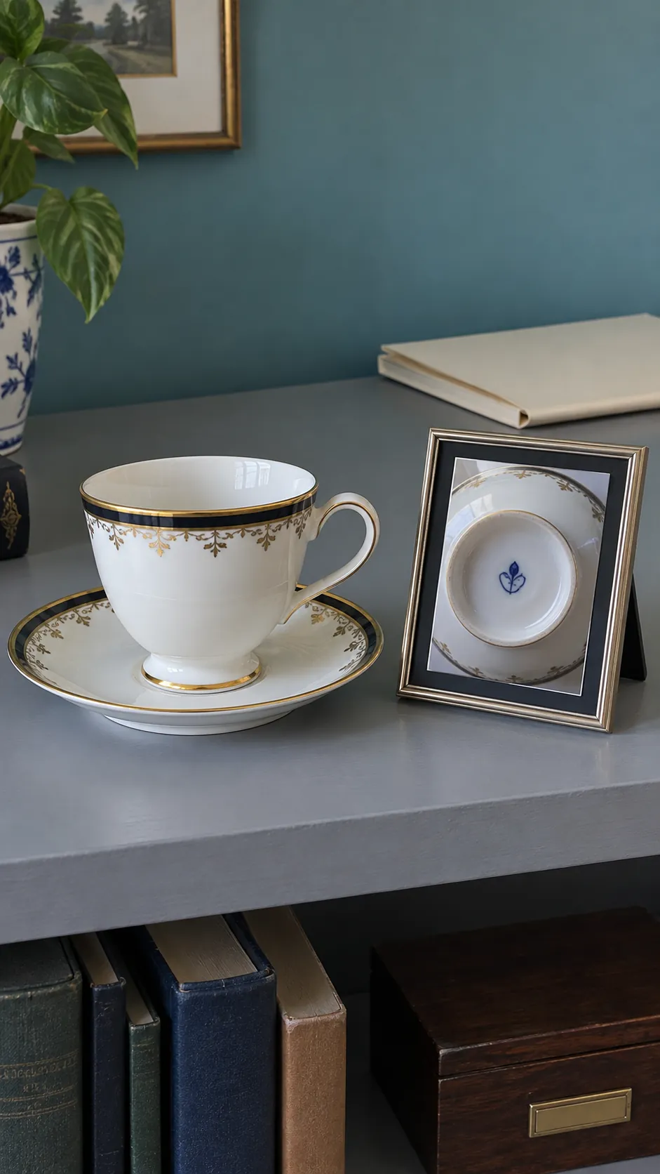 Keep a maker mark visible beside its cup with inherited teacups