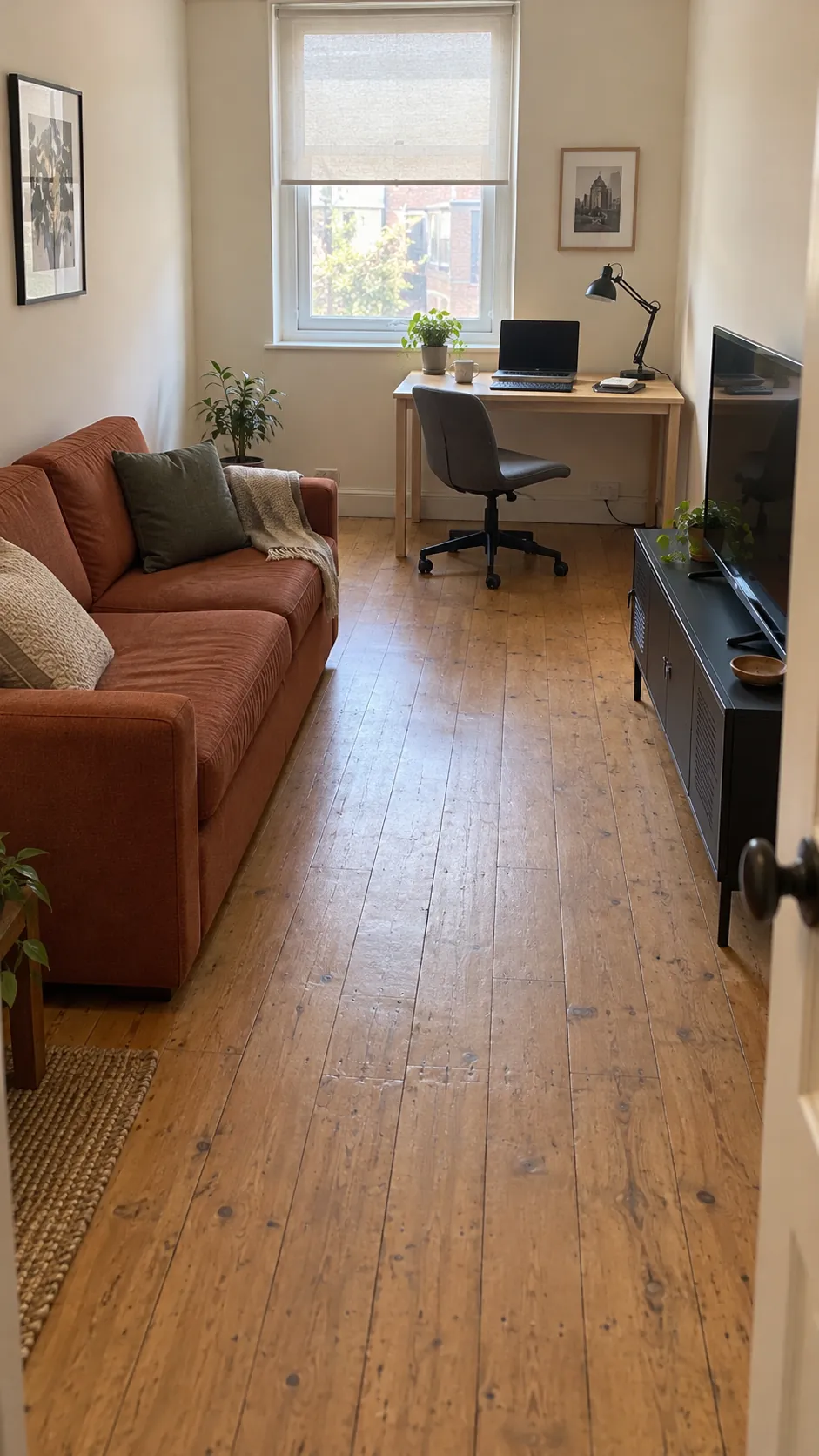 Sofa on the Long Wall, Desk on the Short Wall in a small living room with a sofa, television, and desk