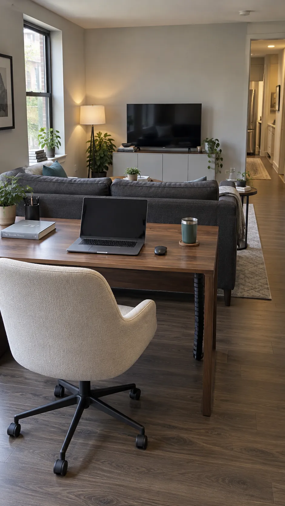 Desk Behind a Floating Sofa in a small living room with a sofa, television, and desk