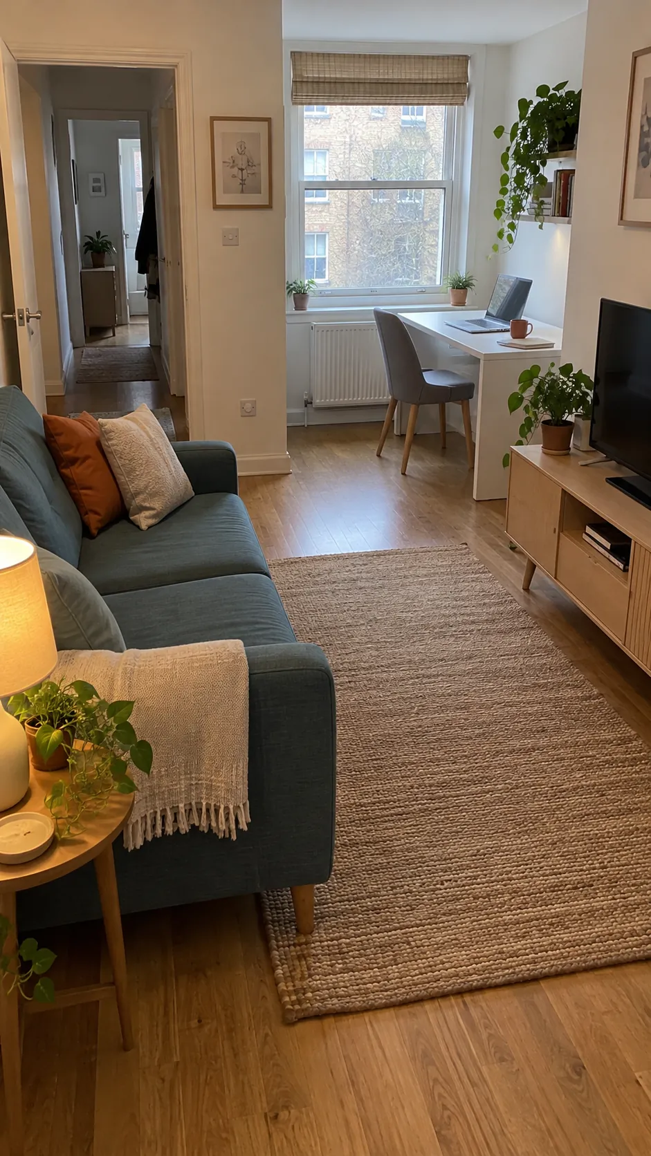 Small apartment lounge with a sofa facing a TV and a separate working desk beside a window