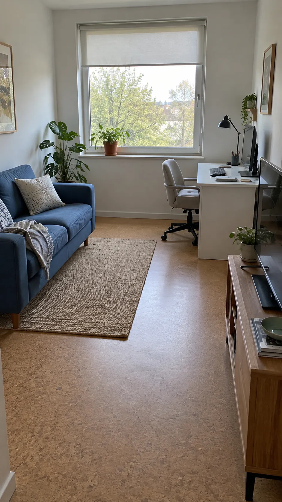 Window Side Desk With the TV on an Adjacent Wall in a small living room with a sofa, television, and desk