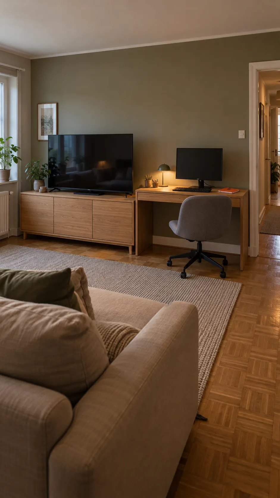 Shared Media Wall With a Separate Work Bay in a small living room with a sofa, television, and desk