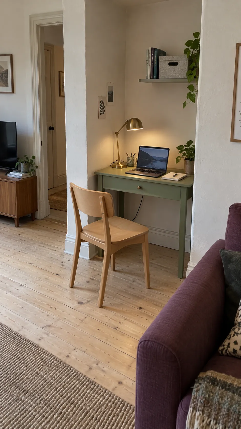 Desk in an Alcove Beside the Lounge in a small living room with a sofa, television, and desk