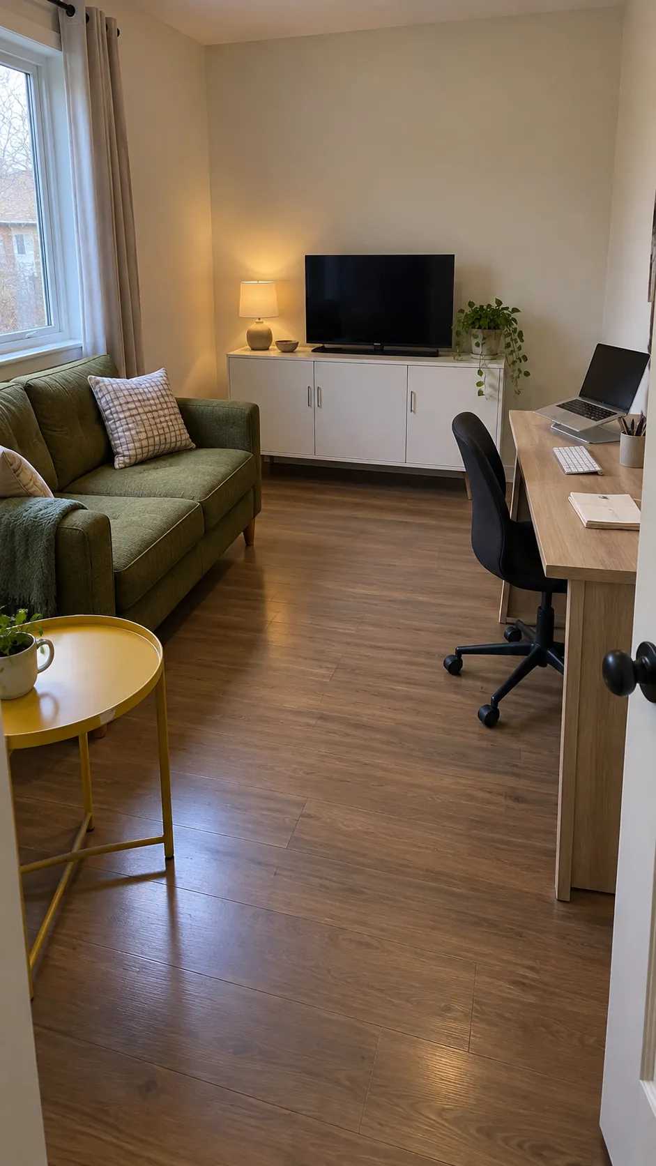 Loveseat and Desk on Opposite Side Walls in a small living room with a sofa, television, and desk