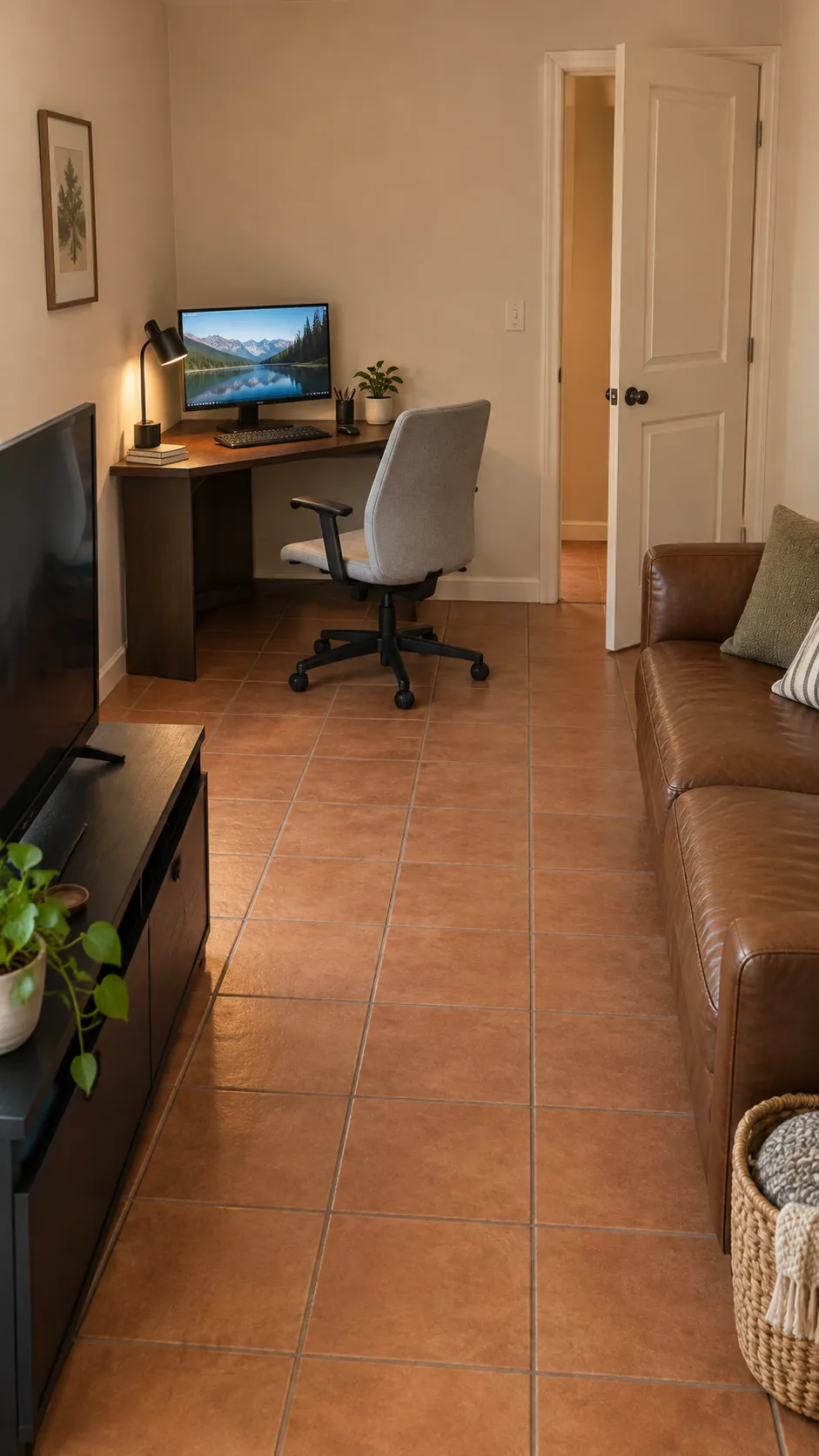 Corner Desk With a Straight Sofa Opposite the TV in a small living room with a sofa, television, and desk
