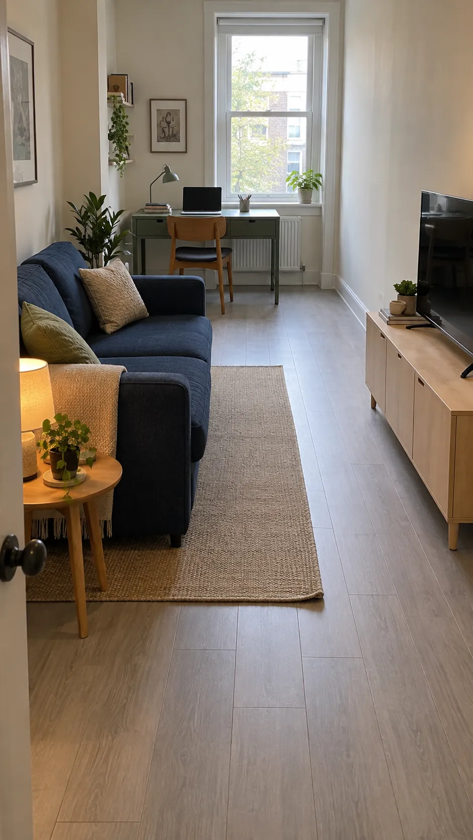 Parallel Zones in a Long Narrow Room in a small living room with a sofa, television, and desk