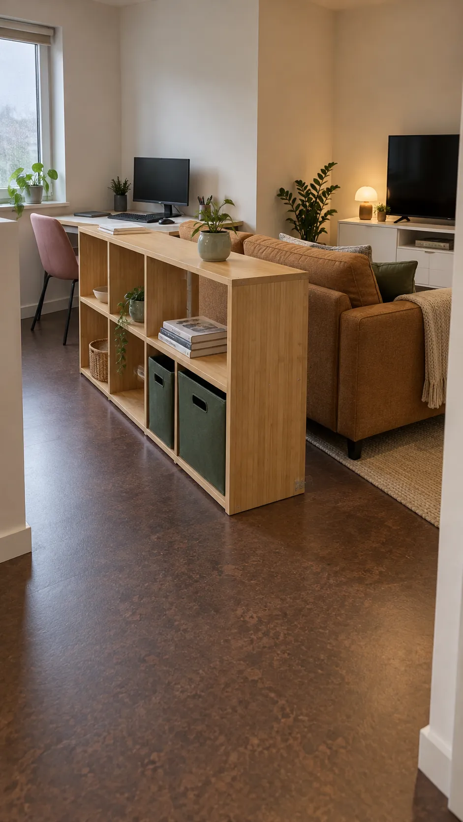 Work Zone Behind a Low Open Shelf in a small living room with a sofa, television, and desk