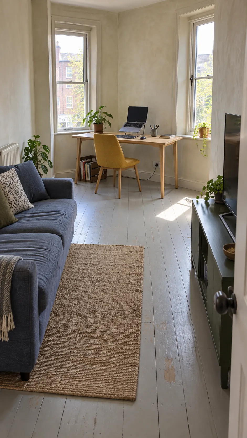 Freestanding Desk at the Quiet End of the Room in a small living room with a sofa, television, and desk