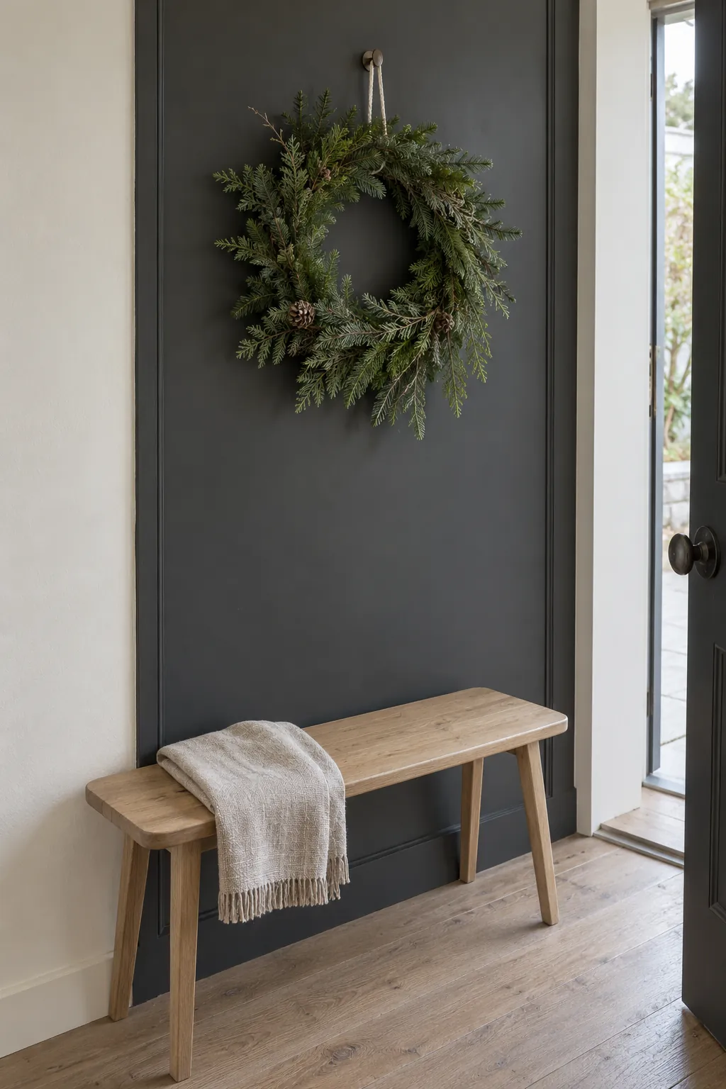 A fresh evergreen wreath in a natural Christmas home