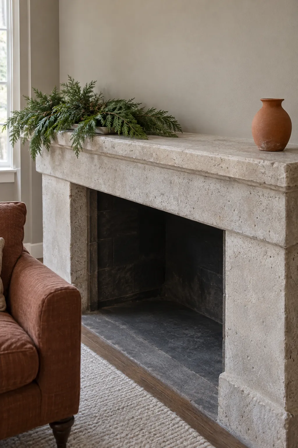 Cedar across an unused mantel in a natural Christmas home