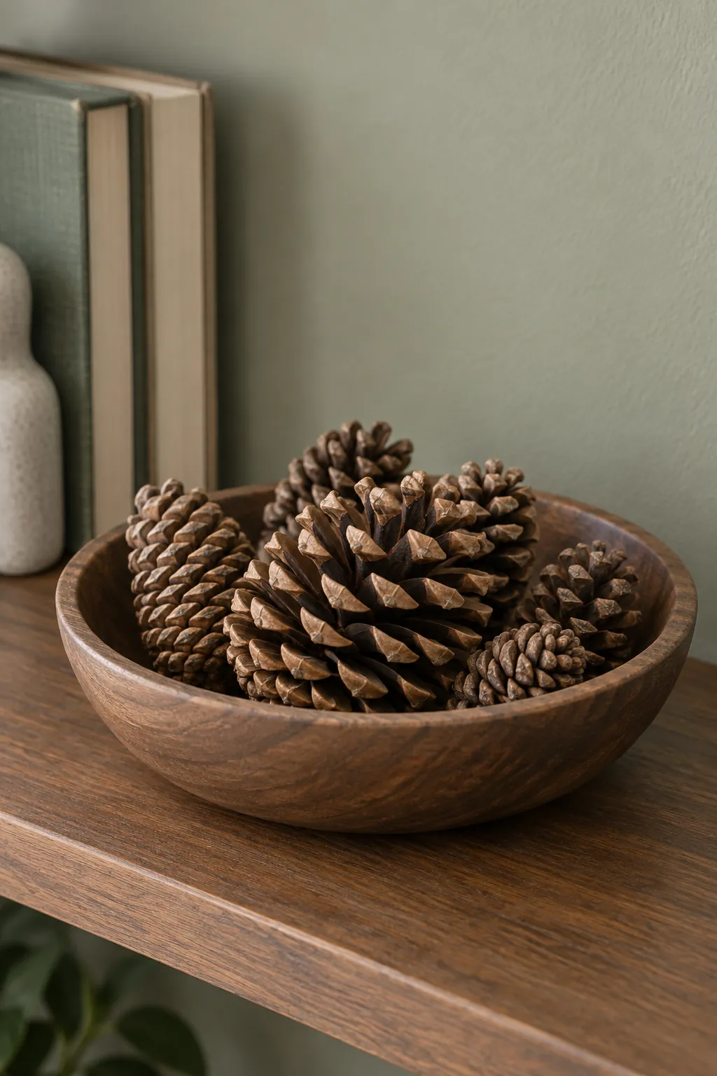 Pinecones in a shallow wooden bowl in a natural Christmas home