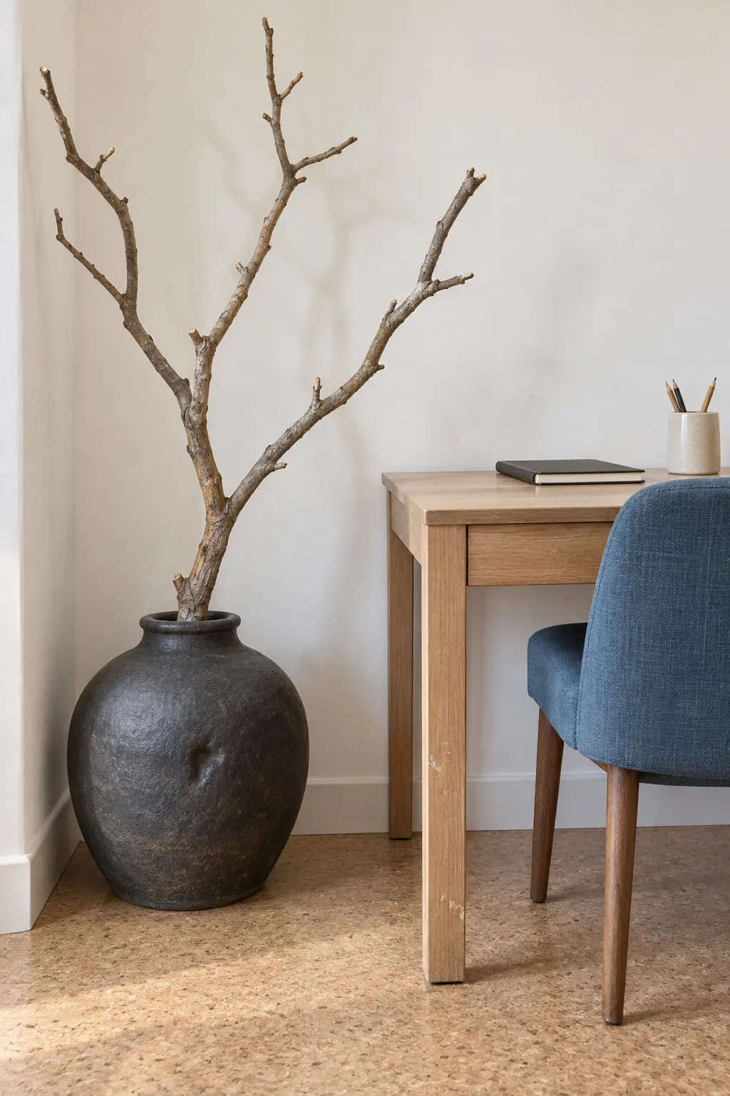 A sculptural branch in a heavy vase in a natural Christmas home