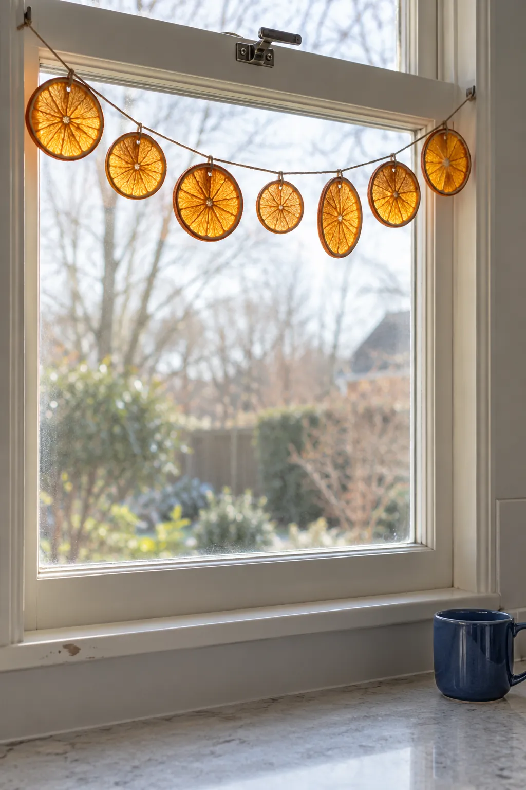 Dried orange slices along a window in a natural Christmas home
