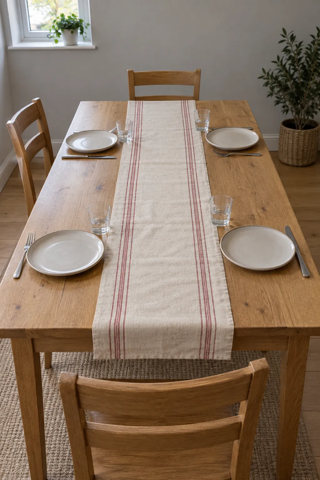 A cotton table runner in a natural Christmas home