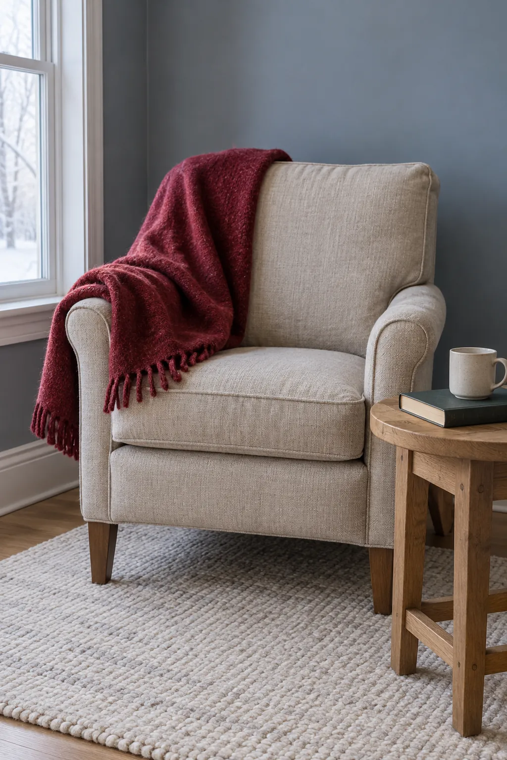 A wool throw on the reading chair in a natural Christmas home
