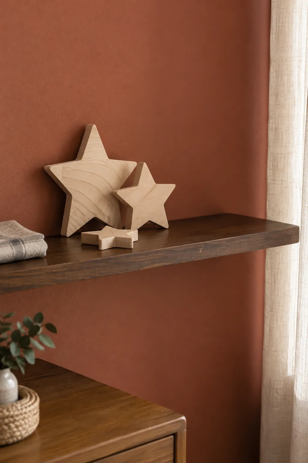 Unpainted wooden stars in a natural Christmas home