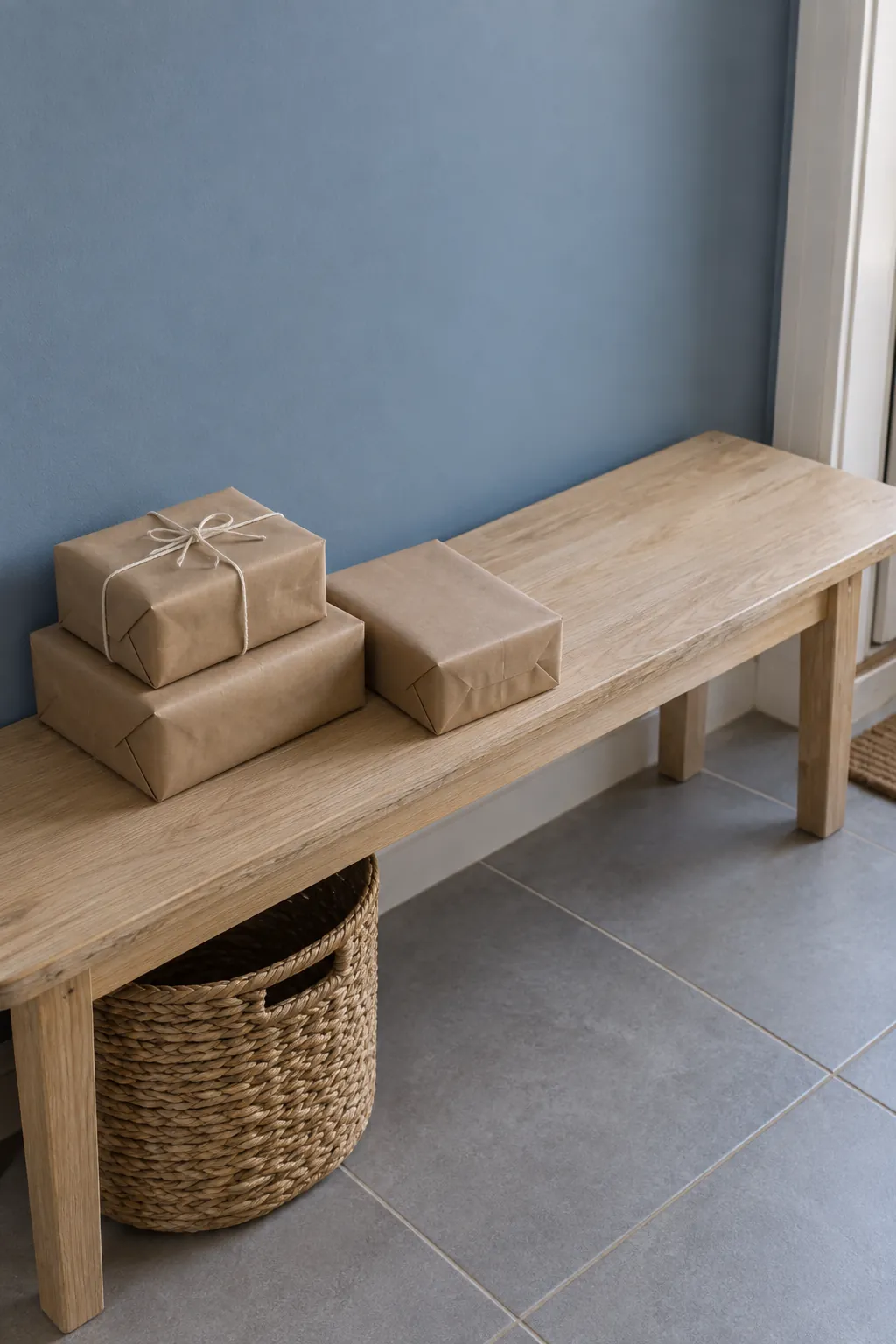 Plain kraft paper around gifts in a natural Christmas home