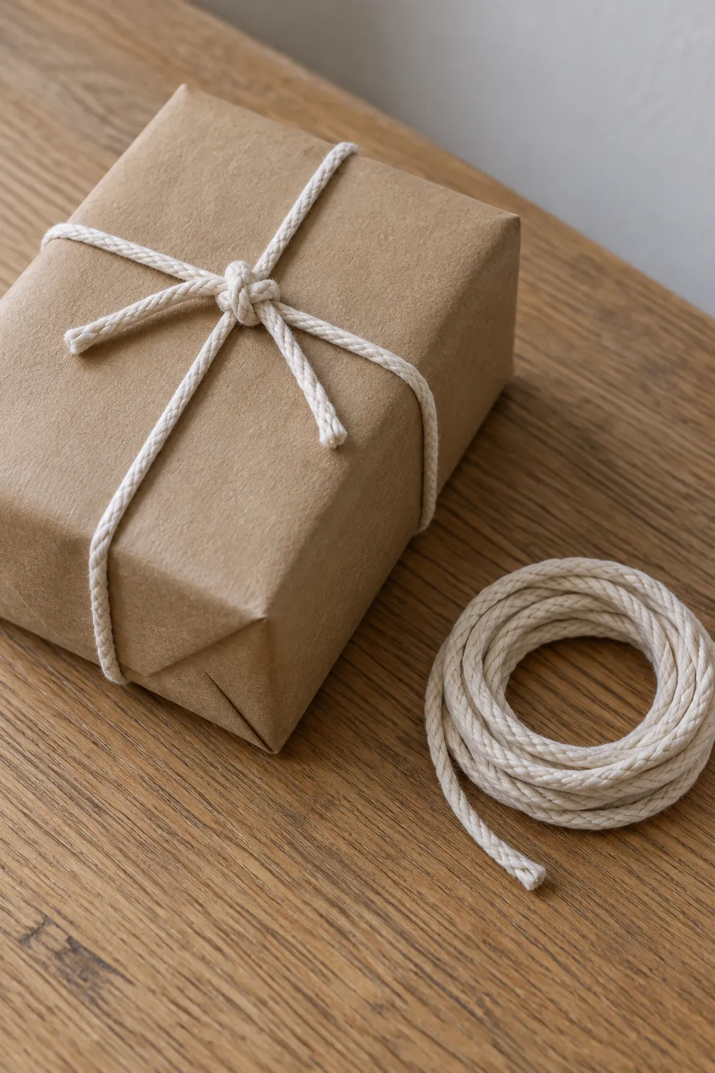 Cotton cord tied around packages in a natural Christmas home