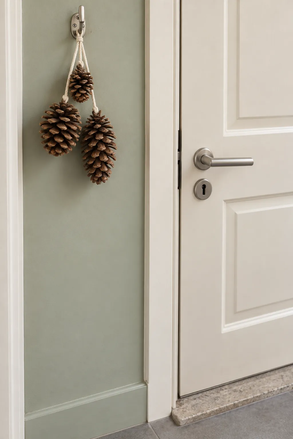 A pinecone detail beside the door in a natural Christmas home