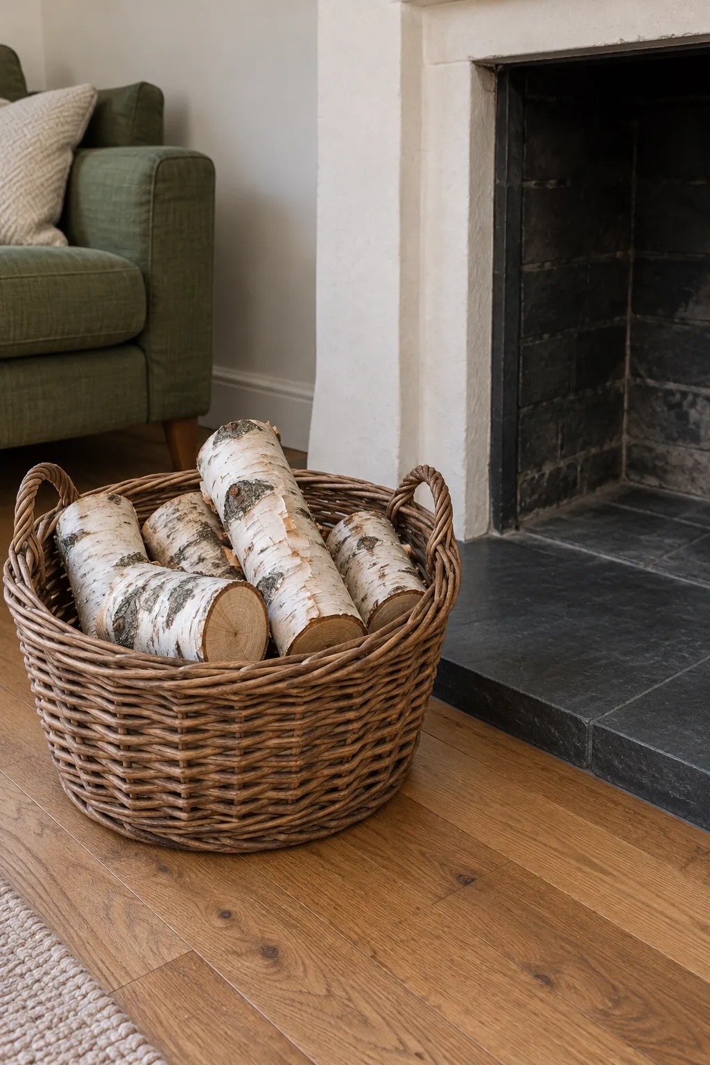 A basket of decorative birch pieces in a natural Christmas home