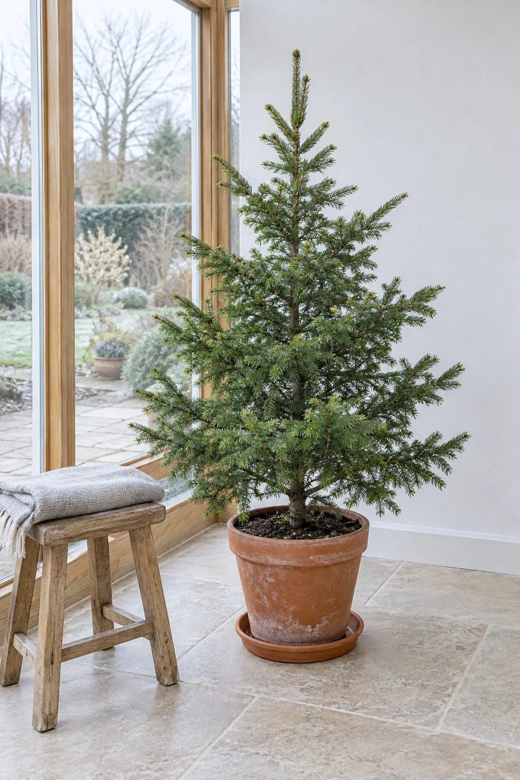 A small living potted tree in a natural Christmas home