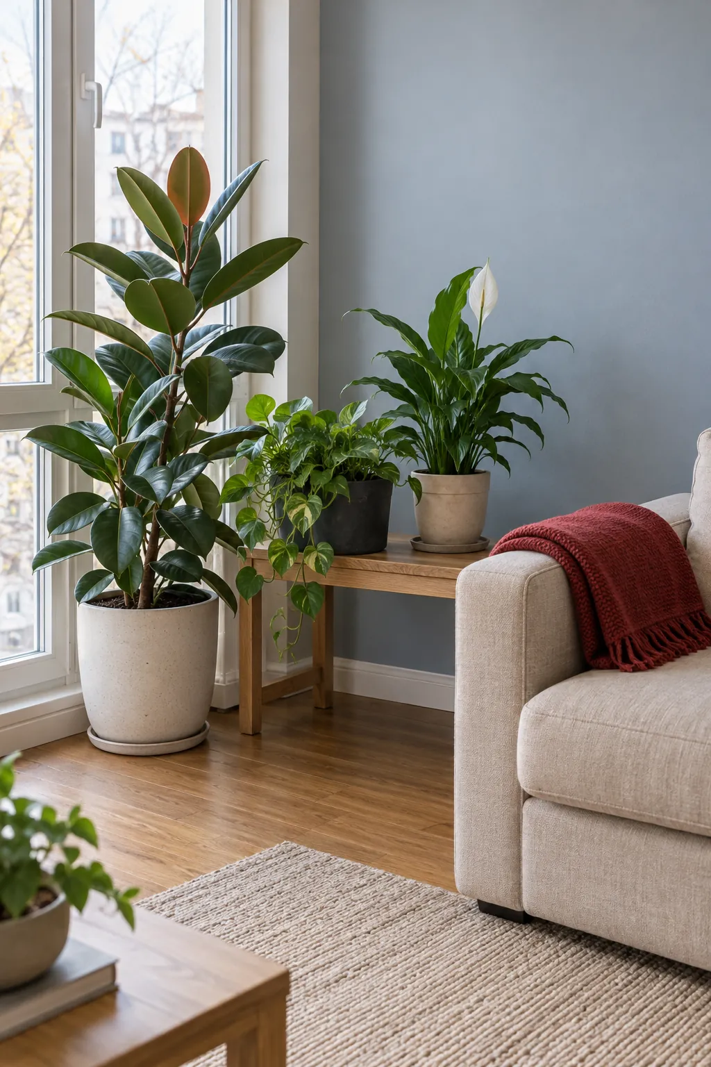 Existing houseplants as part of the room in a natural Christmas home