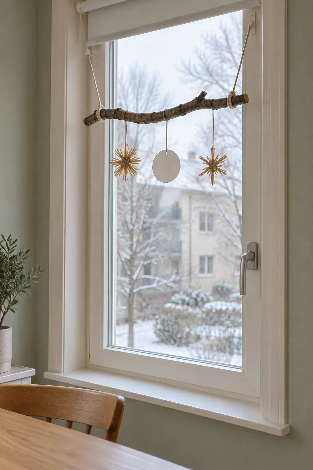 A branch hung inside the window in a natural Christmas home
