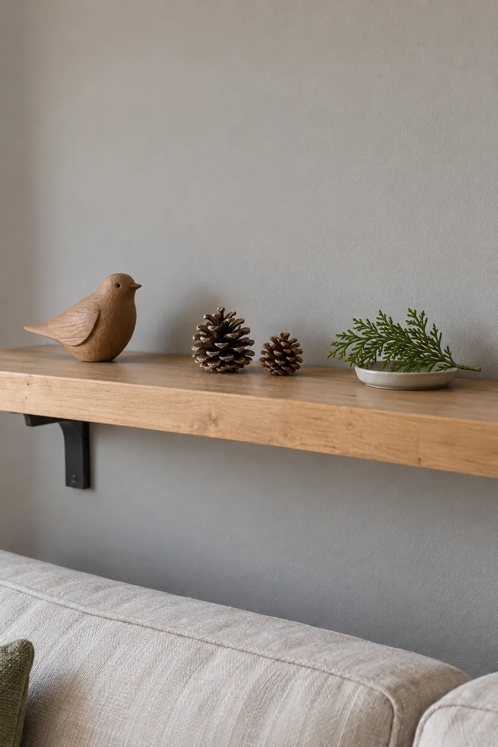 A woodland shelf with open space in a natural Christmas home