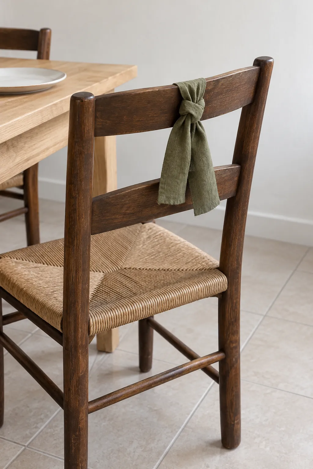 A linen tie on dining chairs in a natural Christmas home