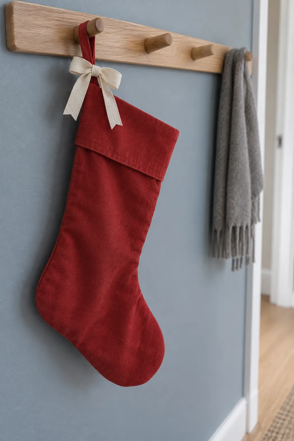 A cotton ribbon on existing stockings in a natural Christmas home