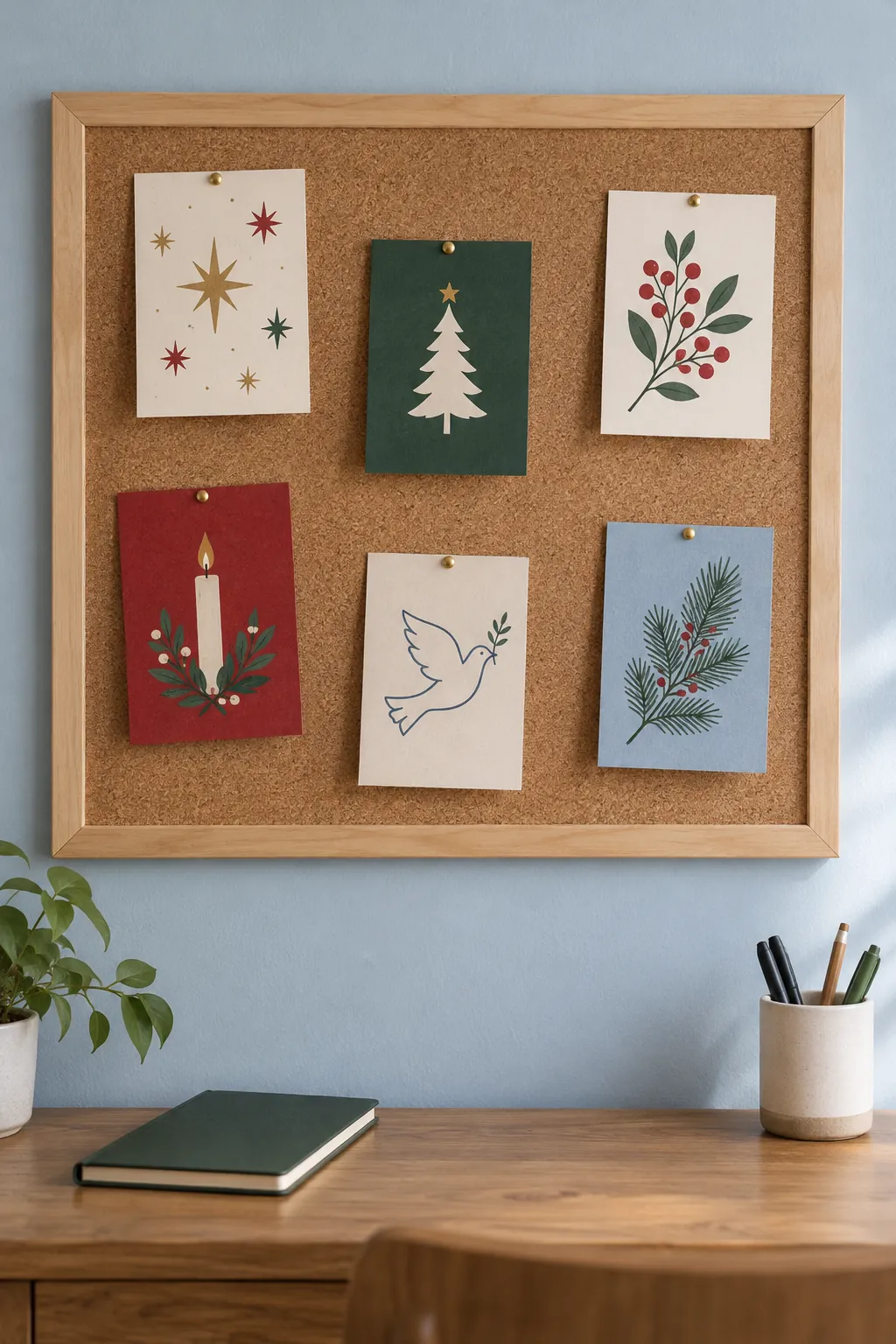 A cork board for seasonal cards in a natural Christmas home