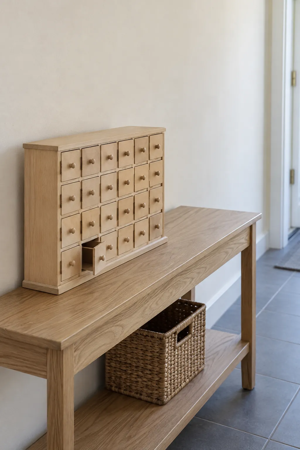A reusable wooden Advent display in a natural Christmas home